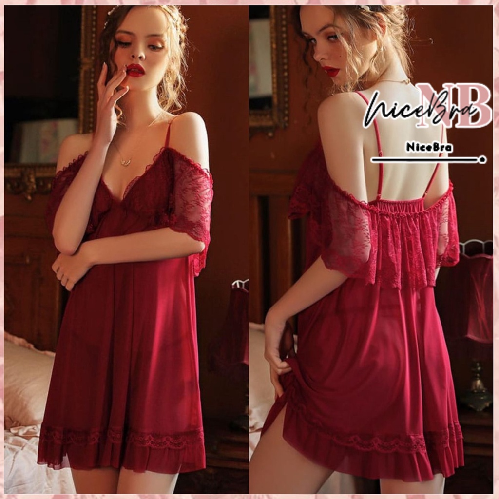 Nicebra Babydoll sabrina off shoulder lingerie sleepwear lace nightwear, Baju Tidur Wanita Dewasa 3105