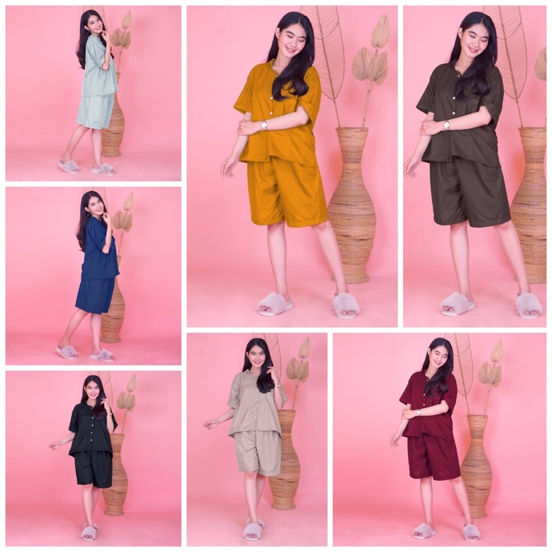 Setelan Wanita Piyama Polos Jumbo Pendek WARNA RANDOM | Full Kancing WARNA RANDOM | Baju Tidur Wanita | Premium Quality | COD