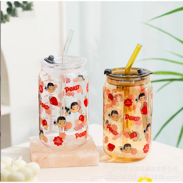 Glass cup, wind can, milk straw cup, double drinking cup Peko Chan