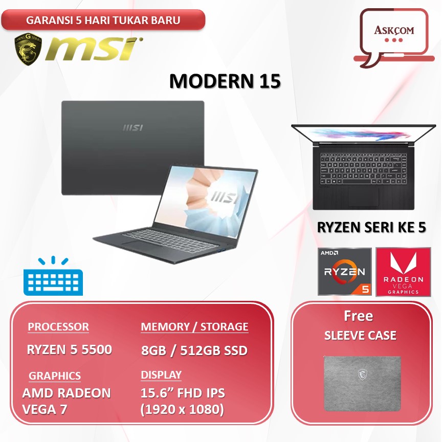 Laptop Gaming MSI Modern 15 RYZEN 5 5500 RAM 8GB 512GB SSD VEGA 7 15.6FHD IPS BLIT A5M.269 W11