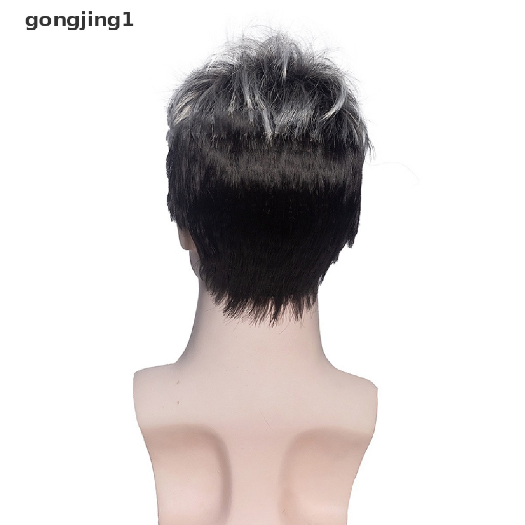 Ggg Set Wig Rambut Pendek Pria Silver Grey Gradasi Keriting Kecil Wig Rambut Palsu Coklat Abu Tua ID