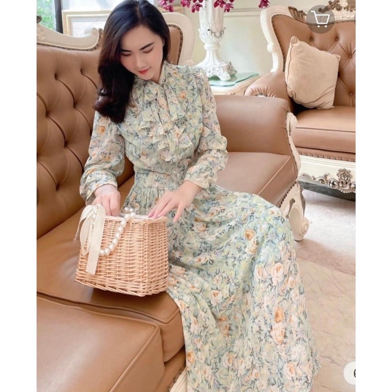 Aigo Dress Floral Korean Vintage Casual Holiday Summer Dinner Party Sweet Mewah Elegant Maxi Hijab L