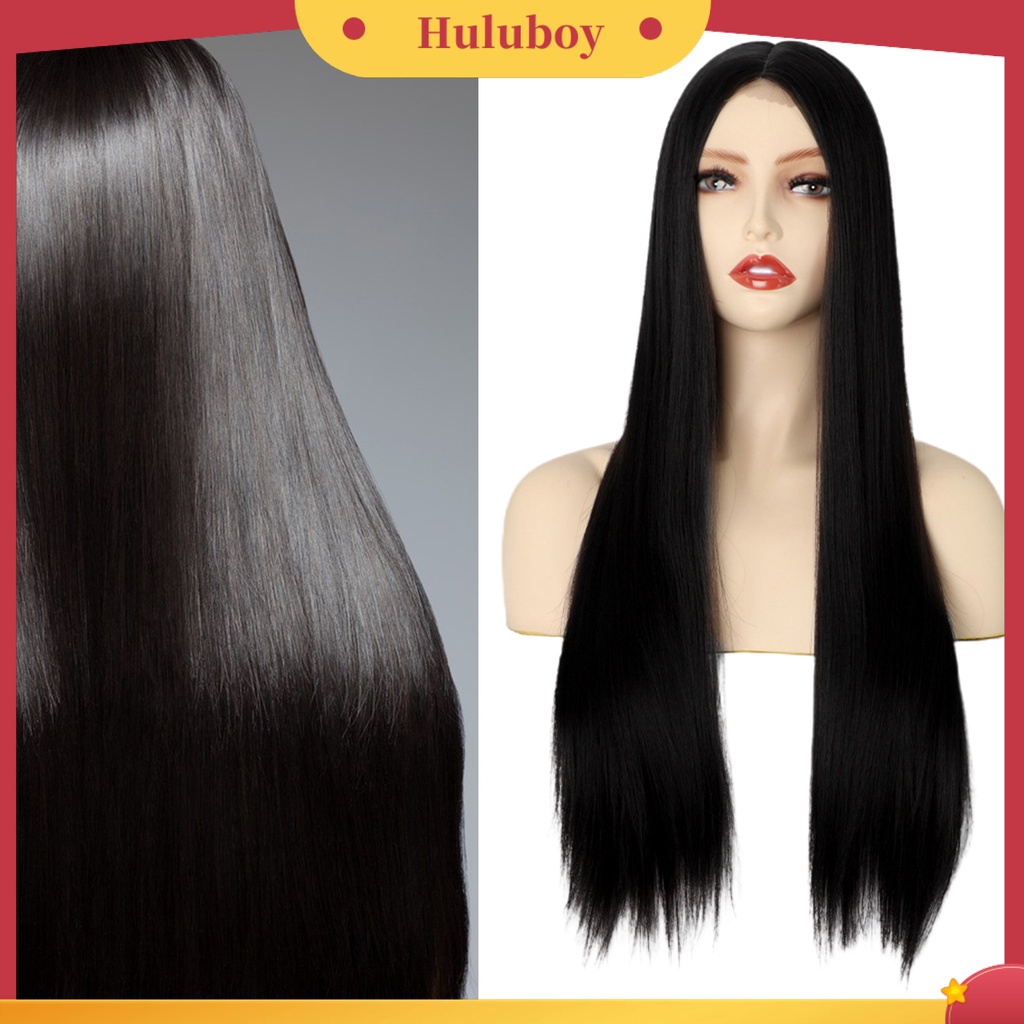 Wig Rambut Panjang Lurus Warna Hitam Bahan Silk Suhu Tinggi Untuk Wanita