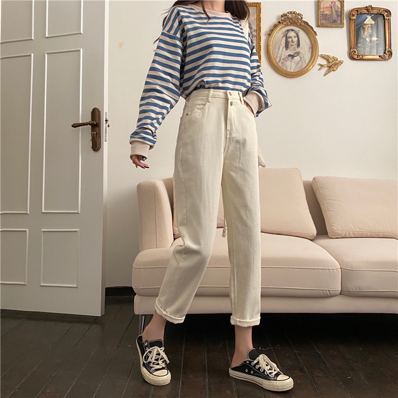 Krem Pinggang Karet Santai Boyfriend Jeans Wanita