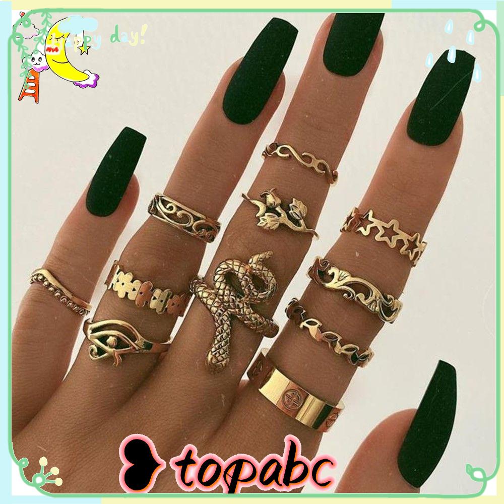 Top 11Pcs /Set Cincin Berbentuk Ular Paduan Baru Emas Ukir Bunga Wanita Gadis Perhiasan