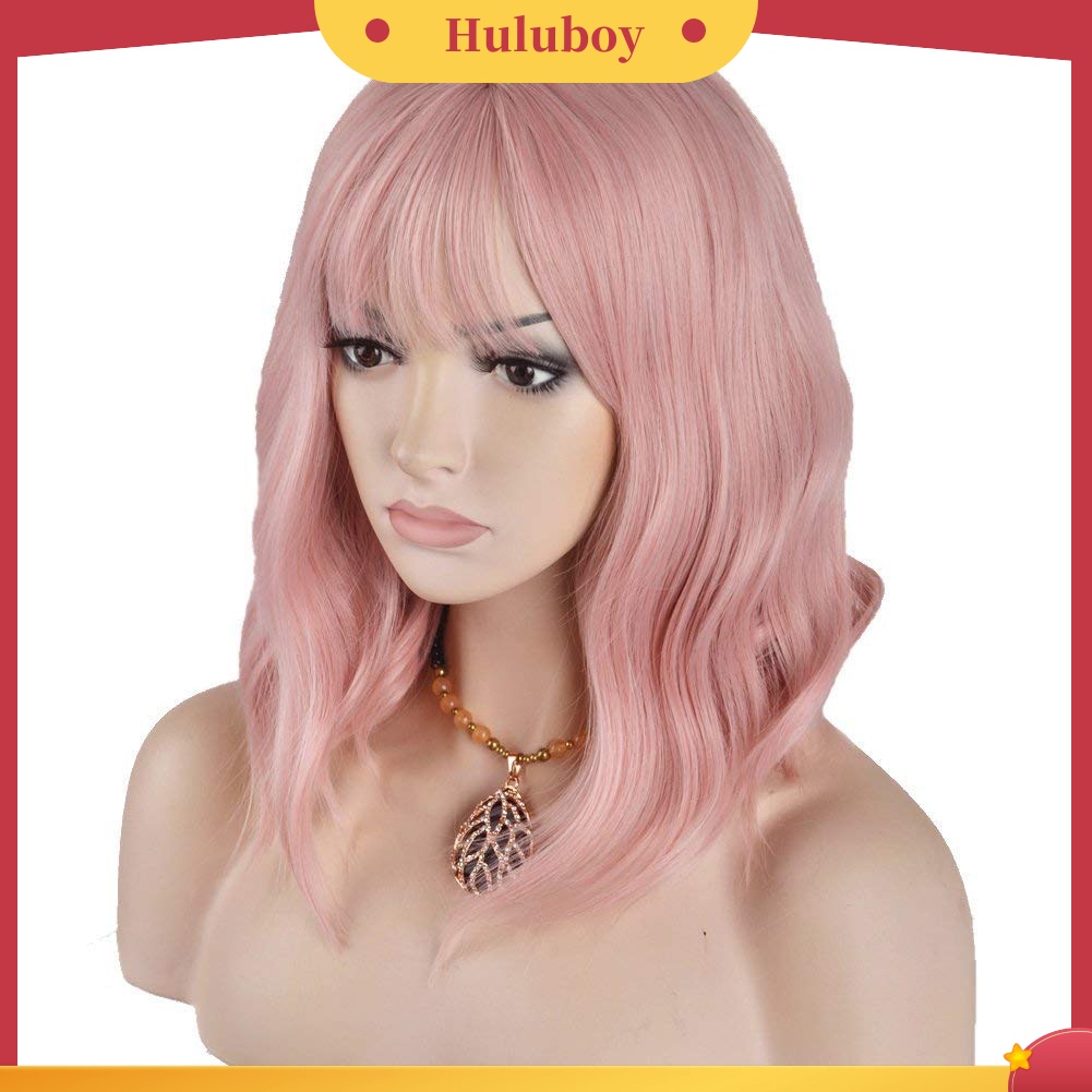 Wig Rambut Sintetis Model Keriting Warna Pink Dengan Poni Untuk Cosplay Wanita