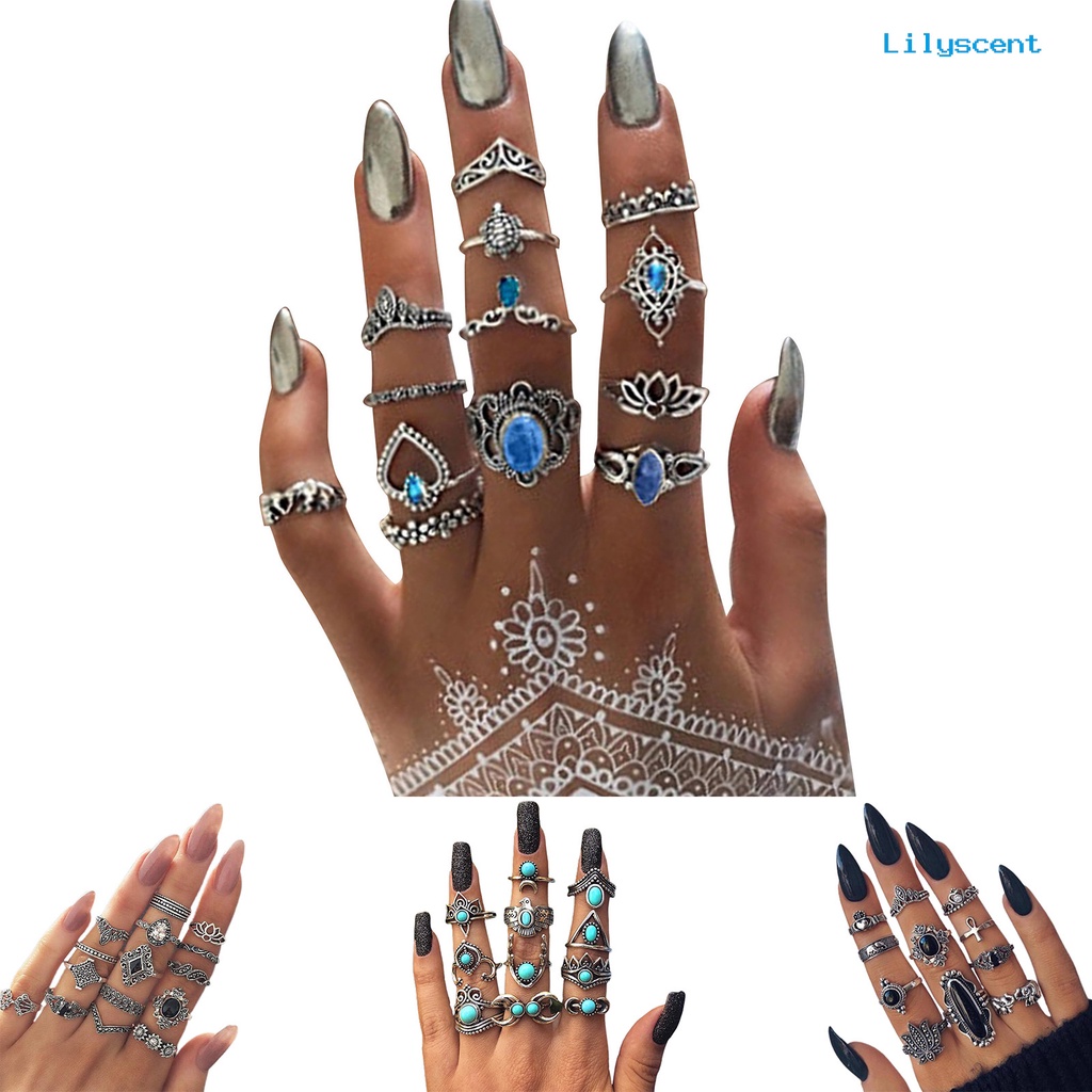 [LS]11/1/13 /15 Pcs Ukir Bunga Stackable Knuckle Rings Alloy Bohemia Hitam Faux Permata Jari Cincin Perhiasan Aksesori