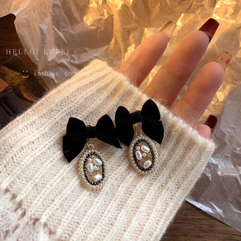 Anting Bow Drop Mewah Anting Tusuk Beige Hitam Mutiara Kristal Earring Untuk Aksesoris Perhiasan Wanita