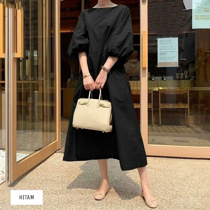 Dress polos Lengan Balon  / Midi Dress Muslim Polos Korean Style Lengan Balon / Baju Midi Dress wanita muslim / Midi dress / midi dres / midi dress korea / midi dress polos / midi dress muslim / pakaian wanita / baju midi dres / Alea midi