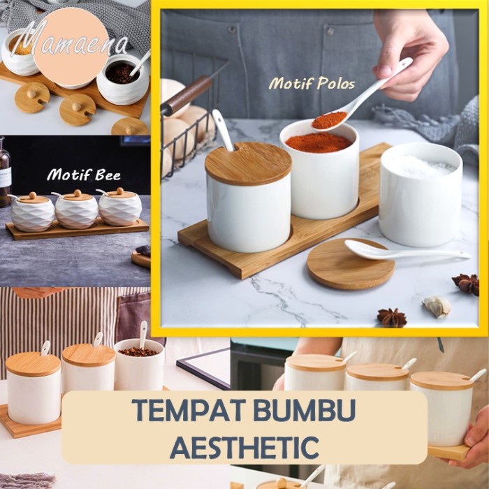 Bmn 3 In 1 Set Tempat / Wadah Bumbu Dapur Keramik Alas Kayu Unik - Murah