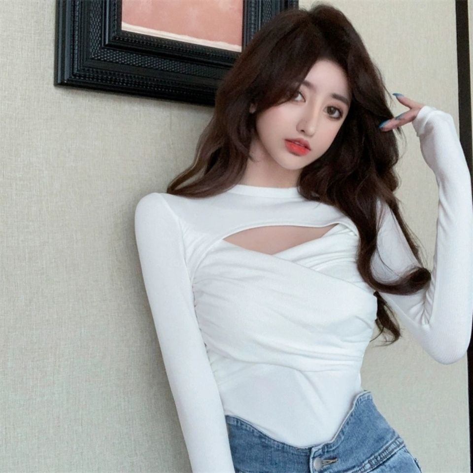 ✇Suhao 2022 Musim Gugur dan Musim Dingin Baru Hollow Cross Lengan Panjang T-shirt Slim Slim Lengan Panjang Kemeja Pendek Top pakaian Wanita