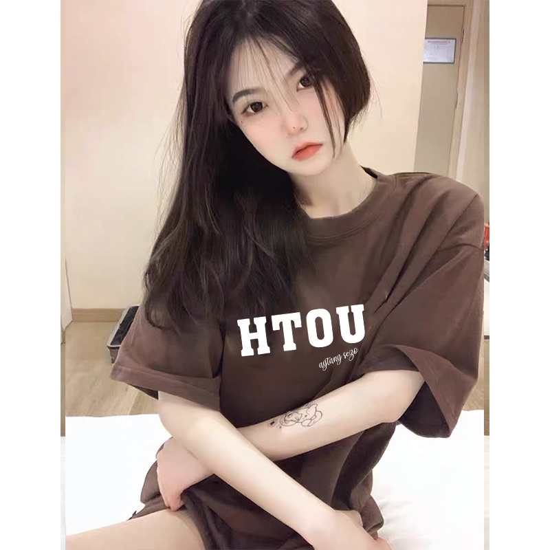 Letter Kaos Lengan Pendek Cream Atasan Wanita Oversize Printed T-shirt Kekinian Korean Style/kaos big size wanita