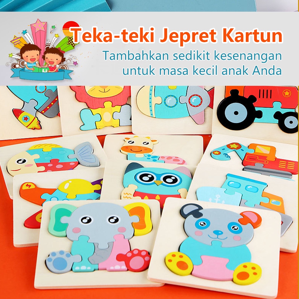 JCHO Mainan kayu puzzle hewan 3D Timbul wooden puzzle mainan edukasi anak