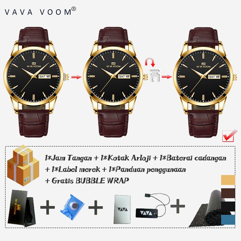 VAVAVOOM Jam Tangan Pria Original Anti Air Tahan Kulit Analog Men Watch Hitam Putih Biru Cod-7