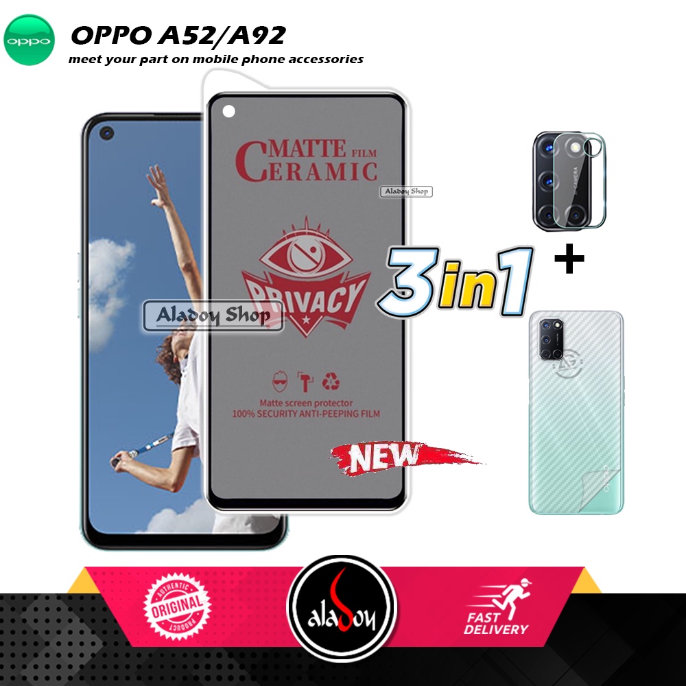 Tempered Glass Anti SPY Oppo A52/A92 Anti Gores Privacy + Tempered Glass kamera dan Skin Carbon