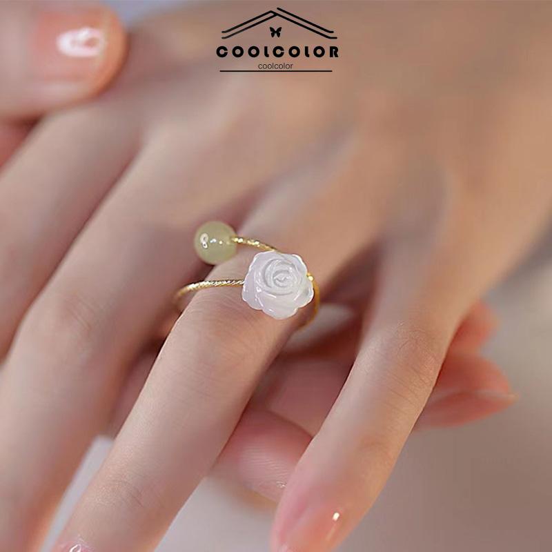 COD❤️Cincin Wanita Pembuka Bunga Mawar Putih Giok  Kemewahan Cahaya Cincin Desain Niche- cl