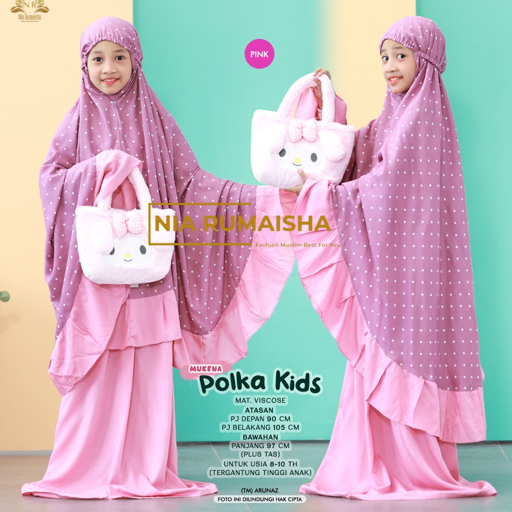 [ GROSIR MUKENA ANAK SOLO ] NIA- POLKA, MUKENA ANAK KATUN RAYON VISCOSE BONUS TAS CANTIK WARNA PINK 