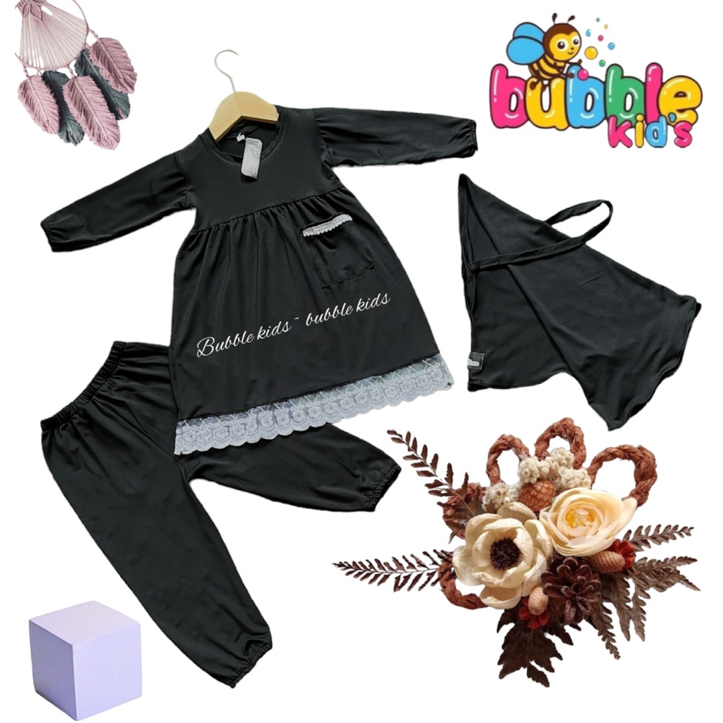 Setelan Gamis Hijab Alena Bayi Anak Balita Bubble Kids Renda Katun Spandek Jersey 0-2 Tahun Pakaian hitam