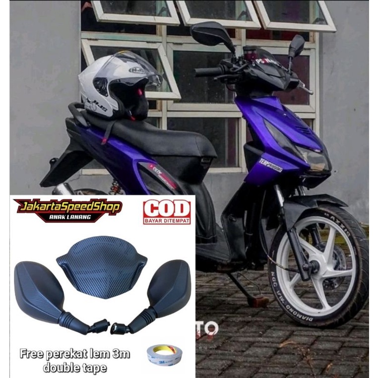 Paket visor variasi carbon beat karbu plus kaca spion click hitam polos pnp beat karbu beat new esp free perekat lem 3m