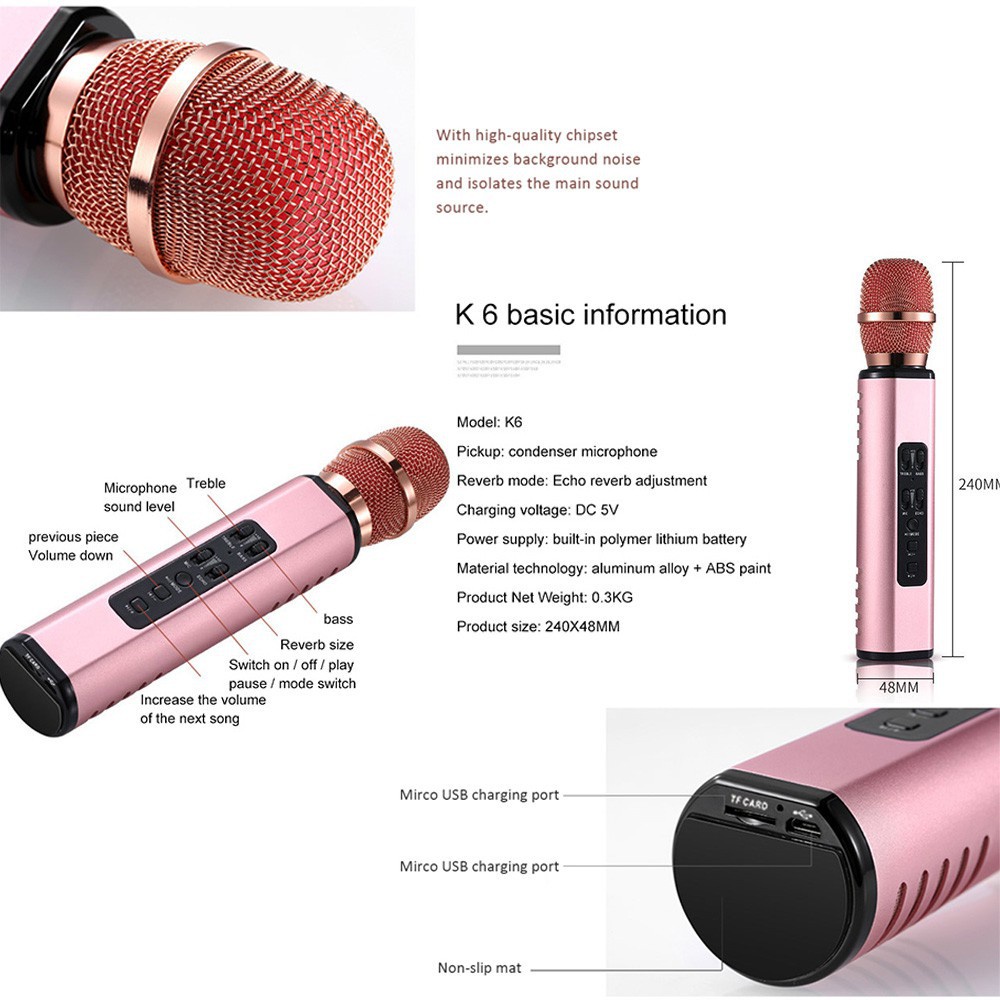 Mic Karaoke K6 Wireless Bluetooth Karaoke Player Smule Microphone Speaker KTV Efek USB Player