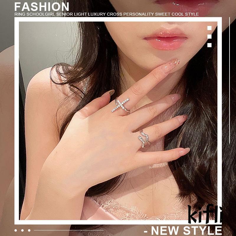 [KD] Cincin Perempuan High-end Mewah Kepribadian Salib Gaya Manis Keren Pasangan Pembukaan Cincin