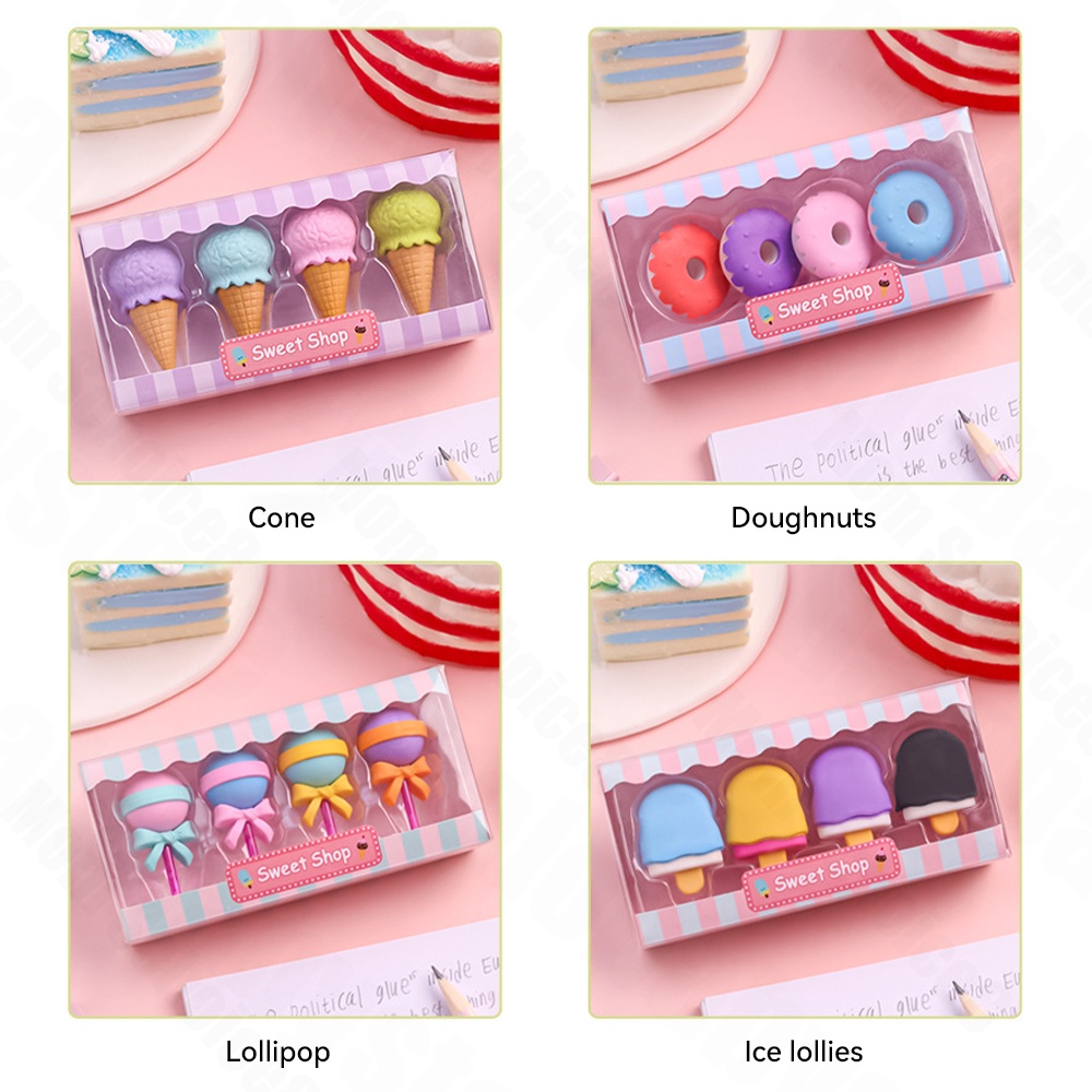 Halo Baby 4PCS Eraser/Penghapus pensil Lucu set model ice cream donat lollipop/penghapus karakter/