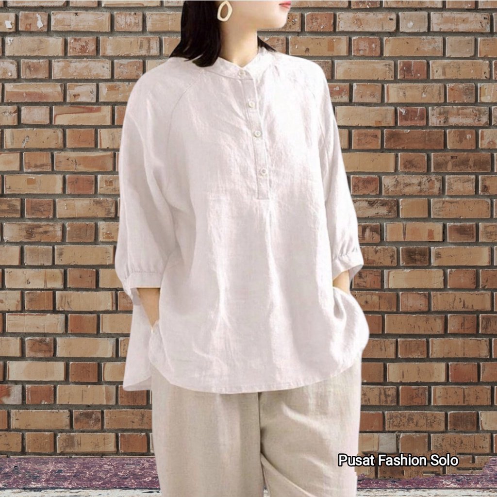 Kemeja Polos Linen Wanita Kerah Shanghai Lengan 3/4 Oversize