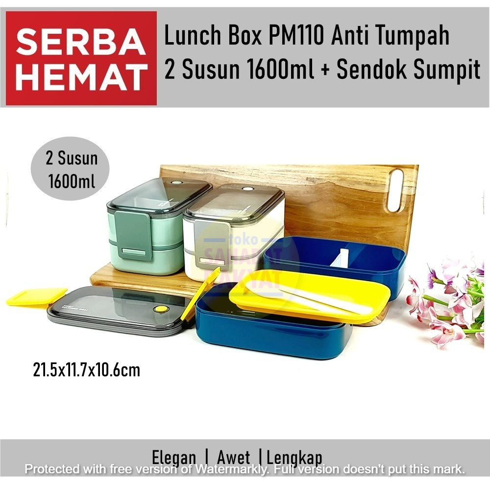 Lunch Box PM110 Anti Tumpah 2 Tingkat 1600ml + Sendok Sumpit (Model Ecentio)