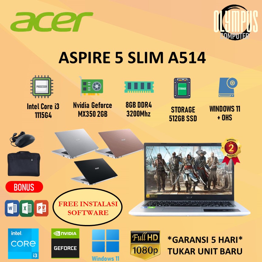 Laptop ACER ASPIRE 5 Slim A514 MX350 I3 1115G4 8GB 512SSD W11 OHS2021 14INCH