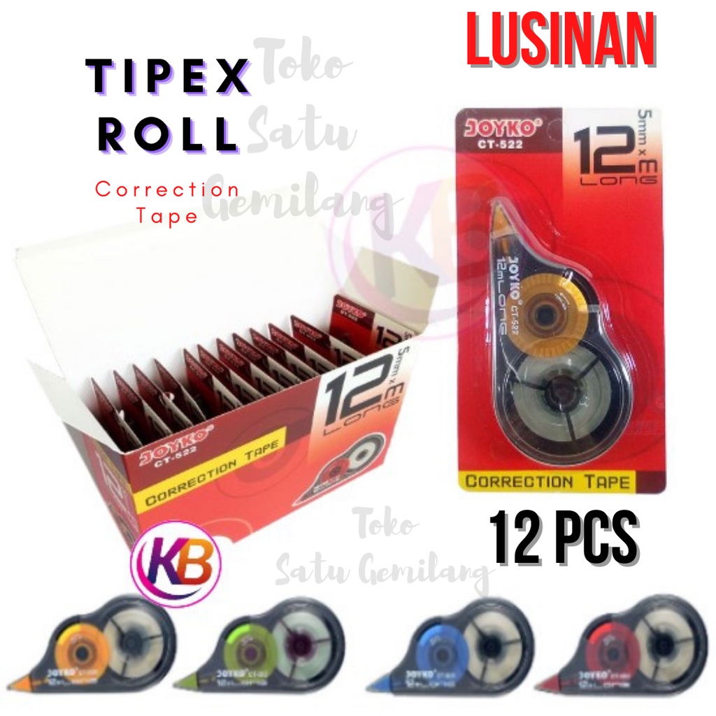 

( 1 PAK ) 12 Pcs / Tipex / Tip-Ex / Tipek / Correction Tape Tip-x Joyko CT522/Ct-522 / Joyko Penghapus Kertas Cepat Kering 12 Meter / Perlusin / Toko Gemilang