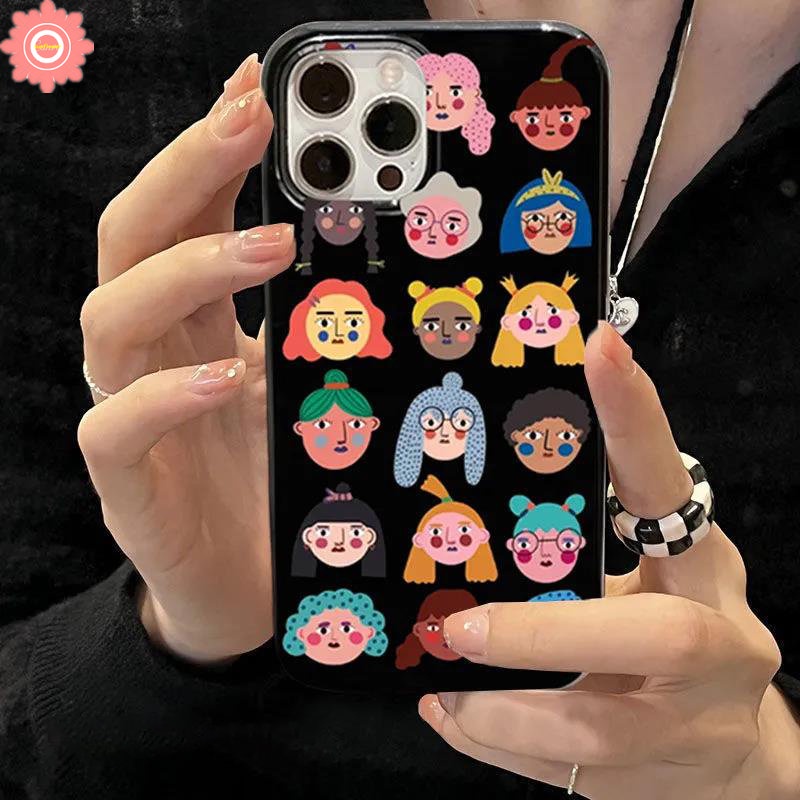 Ins Fashion Kreatif Kartun Lucu Avatar Case Kartun Kompatibel Untuk IPhone XR 7Plus 8Plus 11 14 13 12 Pro Max 7 8 14 Plus X XS Max SE 2020 Glossy Halus Lembut Tpu Hitam Cover