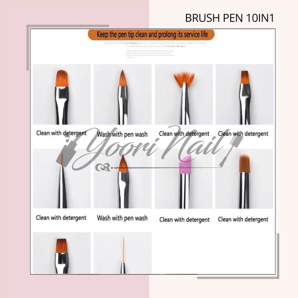 Brush Pen 10in1 nail art brush kuas nails painting gel acrylic liner striping oval brush