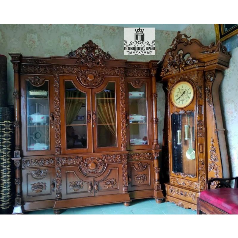 Paket Combo furniture jati termurah lemari hias / lemari pajangan / bufet hiasan & jam gadang jati j