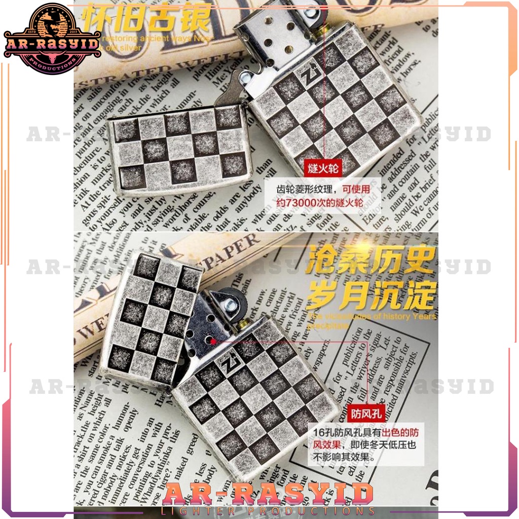 BISA COD!! Korek Api Minyak Zippo Silver Motif Square Grid Papan Catur 3845-67