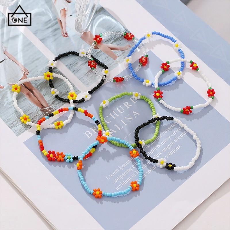 COD❤️Anyaman gelang kaki manik-manik beras warna-warni Gaya pantai Bohemian daisy gelang kaki wanita-A.one