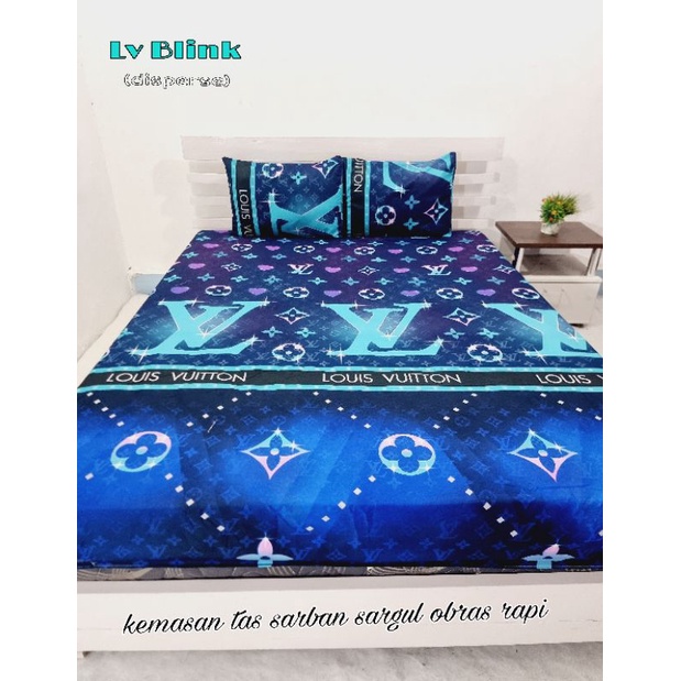 SPREI KARET KATUN PREMIUM 100/120/160/180/200 MOTIF BRAND LV BLINK BLUE BIRU TUA NAVY HIJAU TOSKA TO