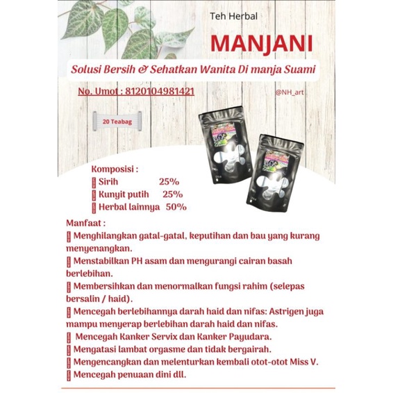 

Teh Herbal Manjani (masalah kewanitaan)