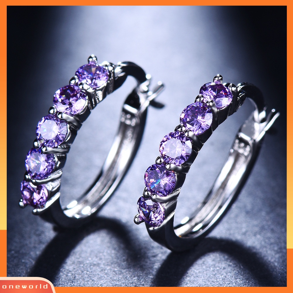 [WONE] Wanita Potongan Bulat Cubic Zirconia Hias Perak Disepuh Huggie Earrings Perhiasan Hadiah