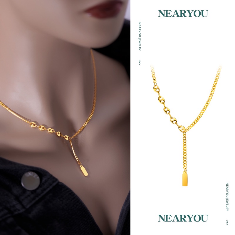 Goldkingdom Perhiasan Fashion Emas Asli Kadar 375Bangkok Aksesoris Ready Stock Wanita Tanda Keberuntungan Kalung Emas Batangan Kecil Tekstur Mewah Sederhana