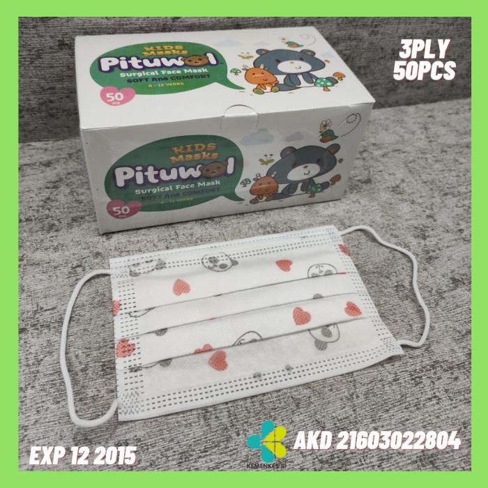 Masker Anak 3ply medis Surgical mask Pituwol 3 ply Kemenkes 50pcs