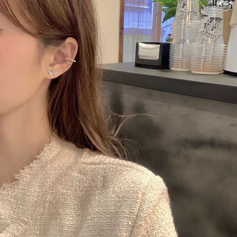 Papaozhu 3 Pcs Korea s925 Perak Menjuntai Rumbai Kupu-Kupu Klip Anting Untuk Wanita Gadis Fashion Link Rantai Cuff Earring Perhiasan Hadiah
