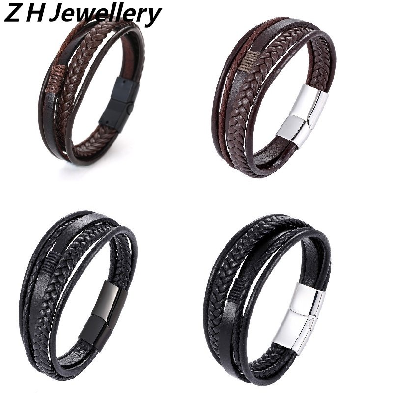 [Z H Perhiasan] Hip Hop Rock Retro Pria Fashion Stainless Steel Multilayer Gelang Kulit Pesta Perhiasan Aksesoris