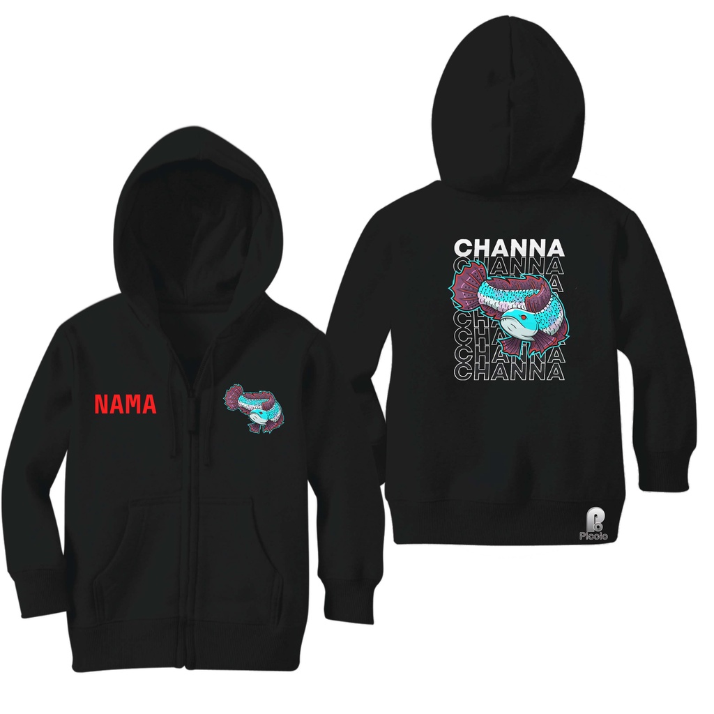 SWEATER HOODIE ZIPPER ANAK MOTIF IKAN CHANNA UNISEX (FREE NAMA)