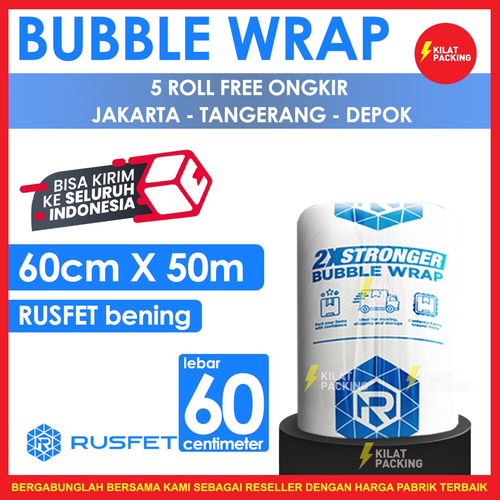 

Bubble Wrap Rusfet Bening 60CM X 50M Tebal Plastik Bubblewrap Roll