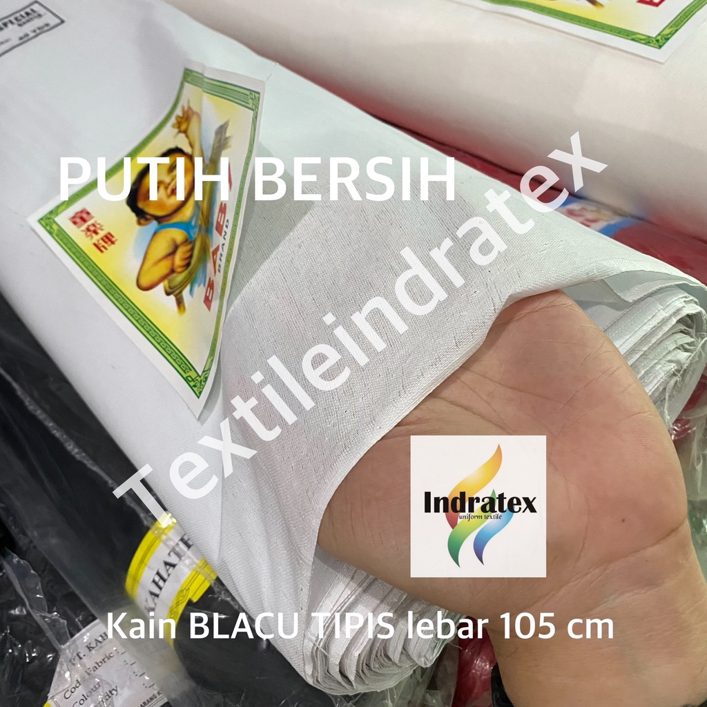 ( per setengah meter ) KAIN BELACU TIPIS cap BABY BLACU LEBAR 105 CM warna putih ECERAN BAHAN KANTONG SOVENIR LAPISAN FURNITURE