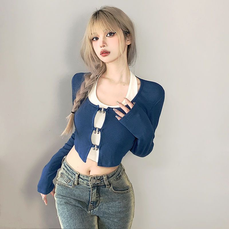 ✆☃Suhao Rapcopter American Hollow Kardigan Rajut T-shirt + Menggantung Leher Rompi Dua Potong Wanita Slim Hot Gadis Pendek top