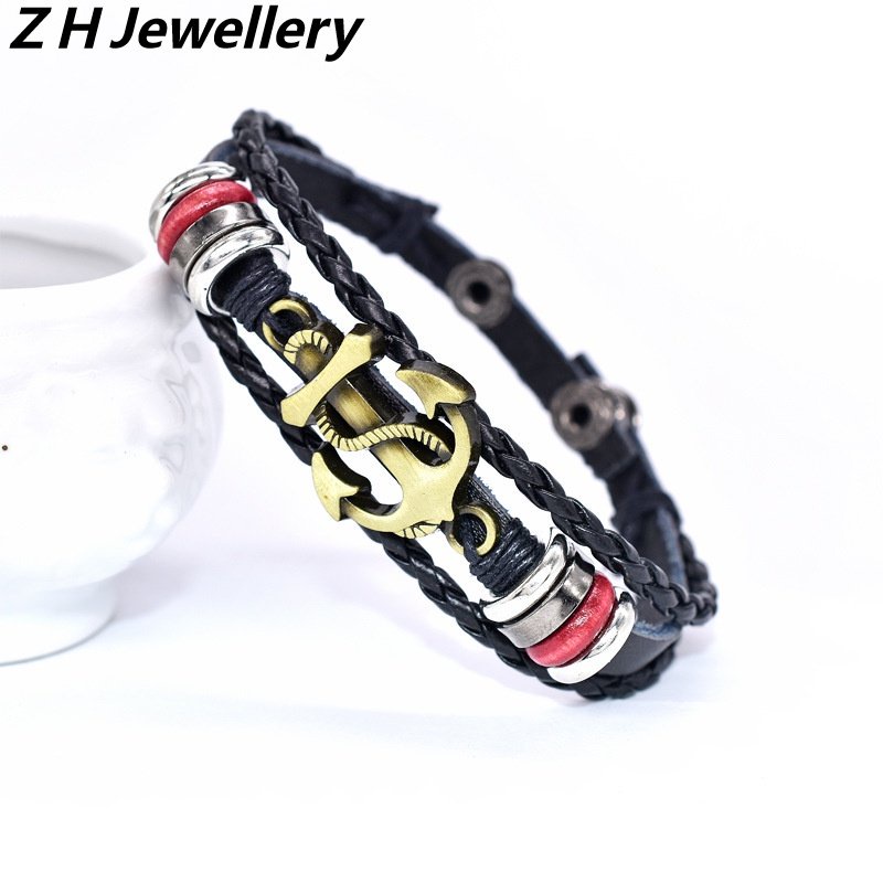 [Z H Perhiasan] Hip Hop Rock Retro Pria Fashion Kapal Jangkar Kulit Multi Layer Anyaman Gelang Pesta Perhiasan Aksesoris 18 Cm~21.5 cm