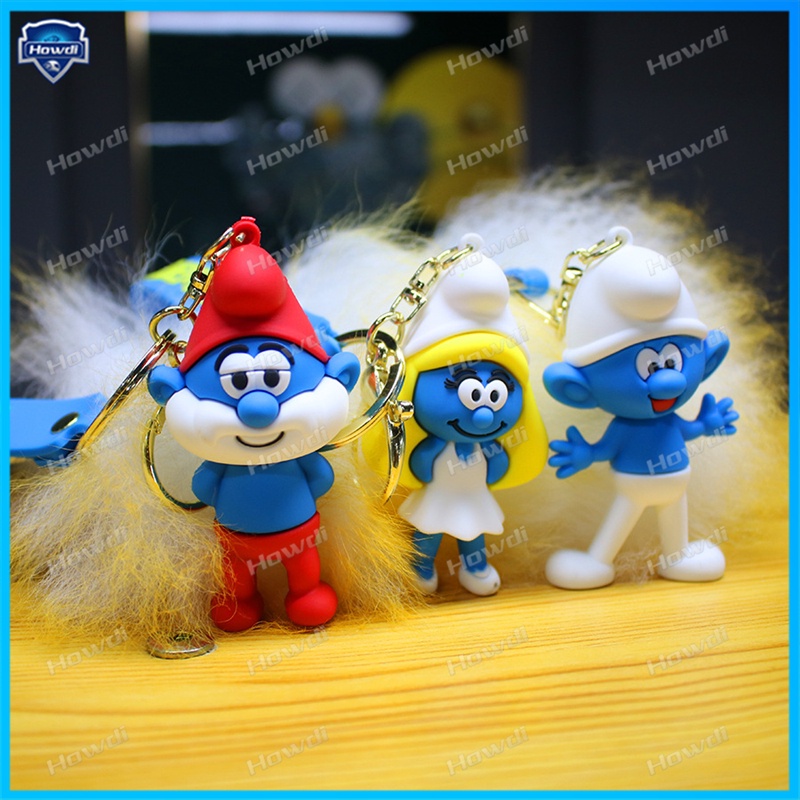 Disney Blue Spirit Gantungan Kunci Kartun Boneka Lucu Smurfing Keyring Fashion Pasangan Tas Ornamen Gantungan Kunci