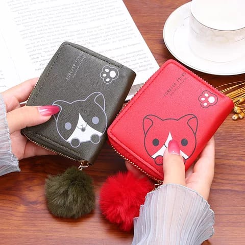 Dompet Koin Mini Wanita + Pom2 Motif Cat Cute Fashion Trendy Fashion Wallet ACC