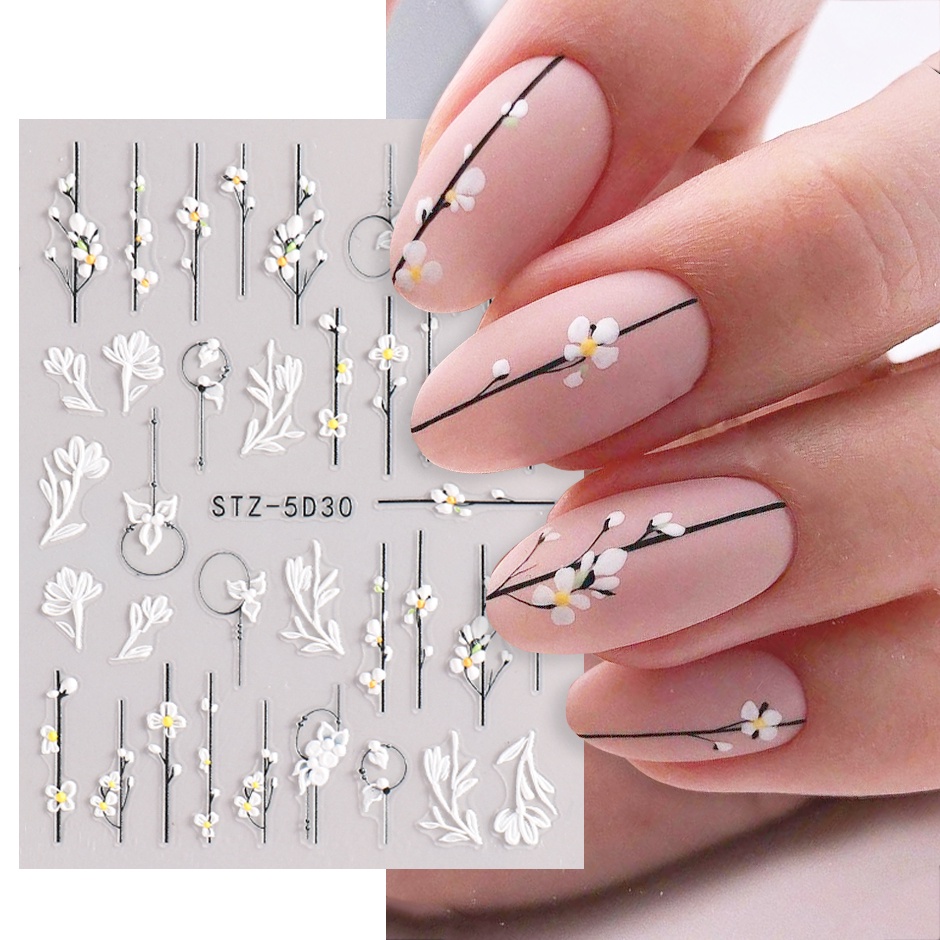 5d Bunga Timbul Stiker Perancis Geometris Garis Pola Perekat Diri Kuku Decal Elegan Manicure Art Dekorasi